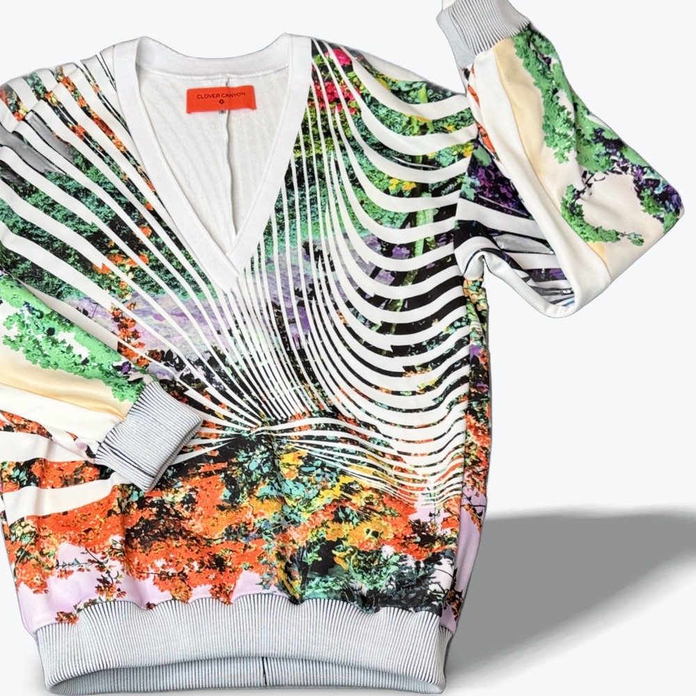 Clover Canyon Fleece Sweatshirt Abstract All Over Print Deep V Neck Size S